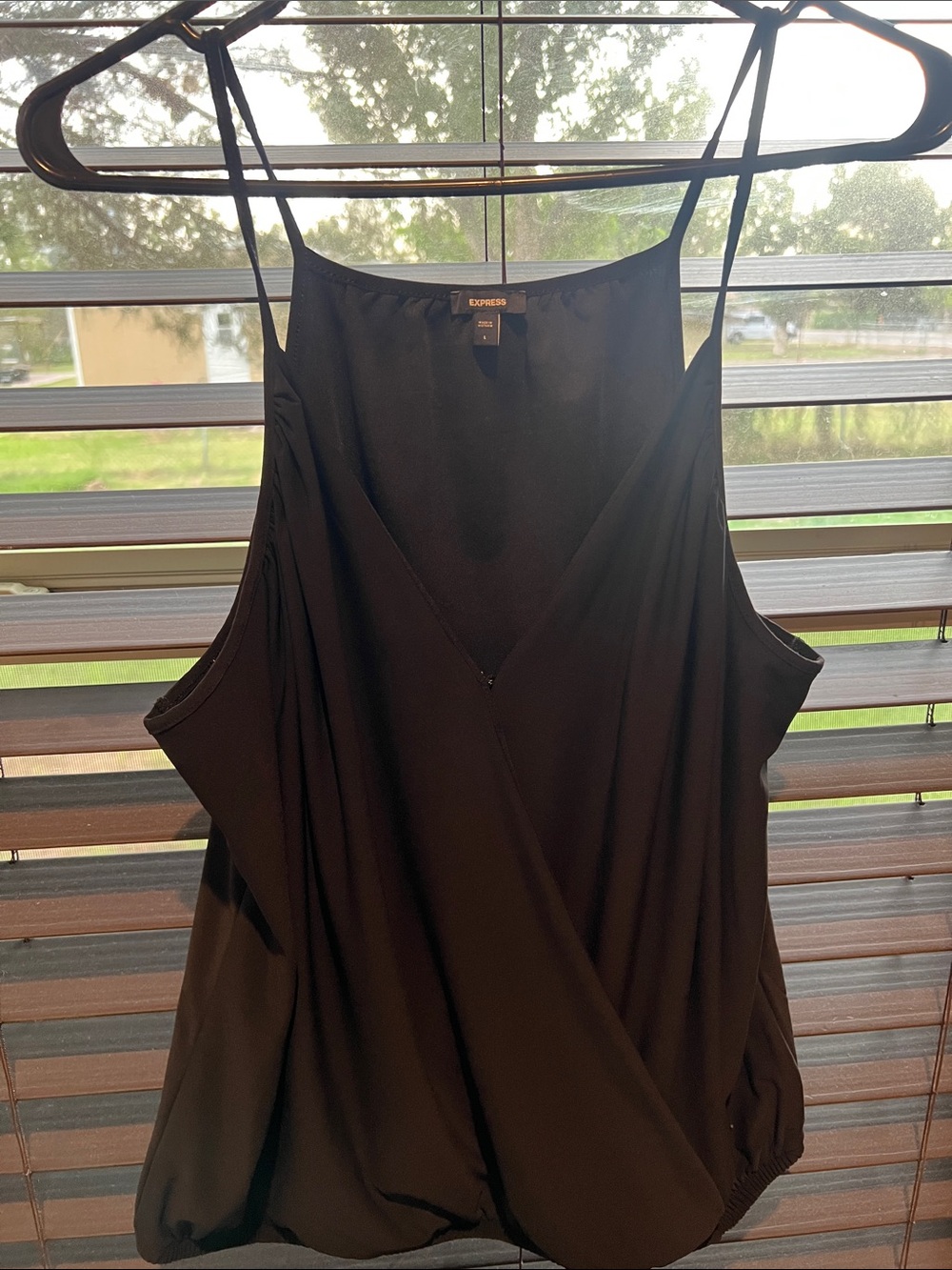 Express Black Wrap-Front Spaghetti Strap bubble top